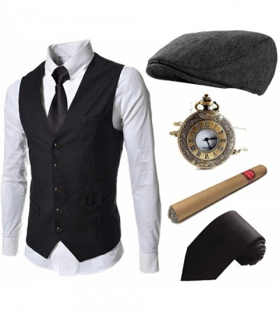 Newsboy Caps 1920s Mens Costume Accessories Set - Gatsby Ivy Newsboy Hat Caps-1920s Gangster Vest-Plastic Cigar-Tie - Set06 -...