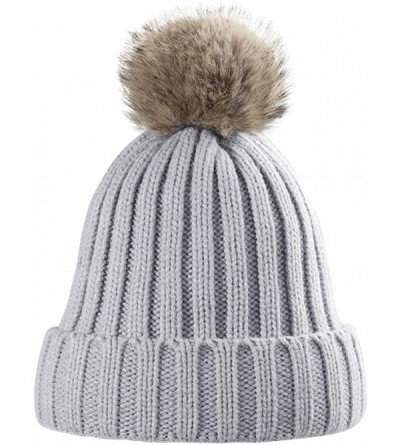 Skullies & Beanies Women Knit Winter Turn up Beanie Hat Faux Fur Pompom Hat for Girls Women - Gray - CK18XIO0NU6 $11.38