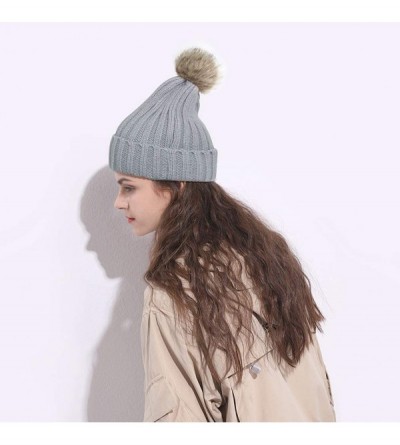 Skullies & Beanies Women Knit Winter Turn up Beanie Hat Faux Fur Pompom Hat for Girls Women - Gray - CK18XIO0NU6 $11.38