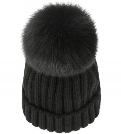 Skullies & Beanies Winter Knit Hat Kids Real Fur Pom Pom Warm Beanie Hat - Black (Real Fox Fur) - CM18Y2CXLXR $24.03