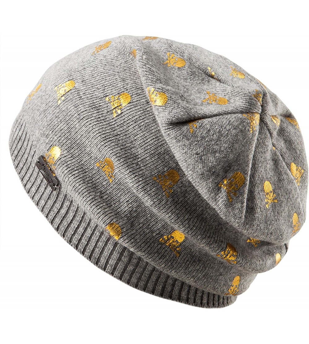 Skullies & Beanies Womens Beanie Printed Slouchy Wool - Beany for Women Knit Hats Caps Soft Warm - Grey-golden Skull - CG187R...