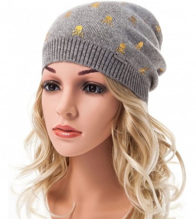 Skullies & Beanies Womens Beanie Printed Slouchy Wool - Beany for Women Knit Hats Caps Soft Warm - Grey-golden Skull - CG187R...