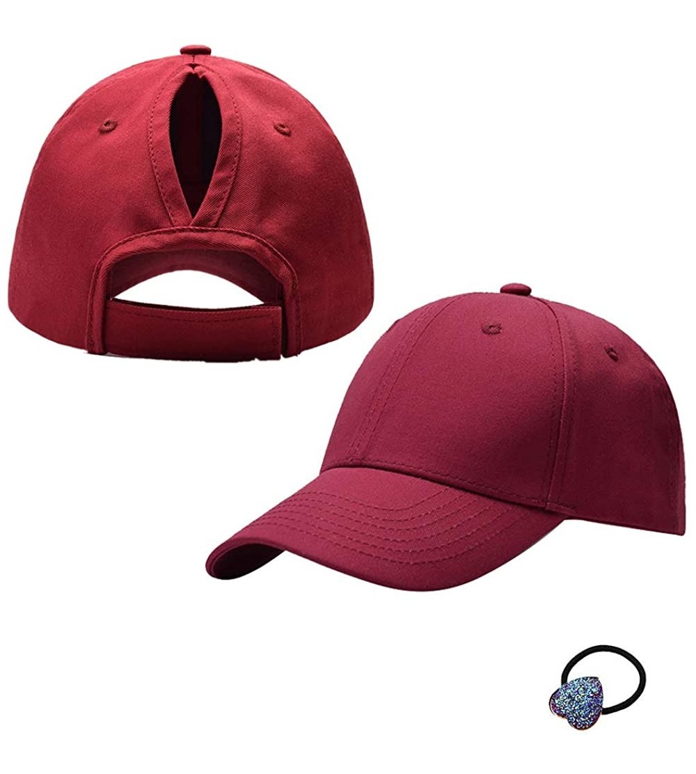 Baseball Caps Cotton Adjustable Baseball Cap High Messy Bun Ponytail Mesh Tracker Hats for Women - Wine Red - C218DIYKG0O $11.42