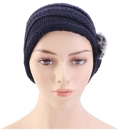 Skullies & Beanies Women Knit Slouchy Beanie Chunky Baggy Hat with Fur Pompom Winter Soft Warm Ski Cap Knitted Hat - Navy - C...