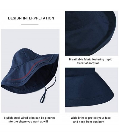 Sun Hats Women Wired Wide Brim Sun Hat- Removable String Safari Fishing Bucket Hat - Navy Blue - CJ18S2YG7TO $15.23