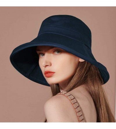 Sun Hats Women Wired Wide Brim Sun Hat- Removable String Safari Fishing Bucket Hat - Navy Blue - CJ18S2YG7TO $15.23