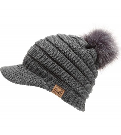 Skullies & Beanies Women's Soft Warm Ribbed Knit Visor Brim Pom Pom Beanie Hat with Plush Lining - Charcoal - CK18HE9YCDU $27.64