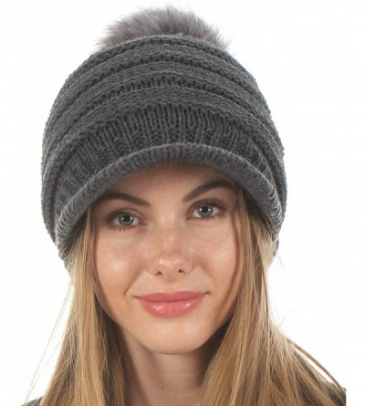 Skullies & Beanies Women's Soft Warm Ribbed Knit Visor Brim Pom Pom Beanie Hat with Plush Lining - Charcoal - CK18HE9YCDU $14.71