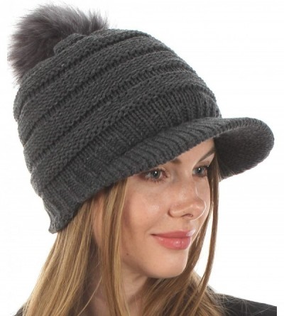 Skullies & Beanies Women's Soft Warm Ribbed Knit Visor Brim Pom Pom Beanie Hat with Plush Lining - Charcoal - CK18HE9YCDU $14.71