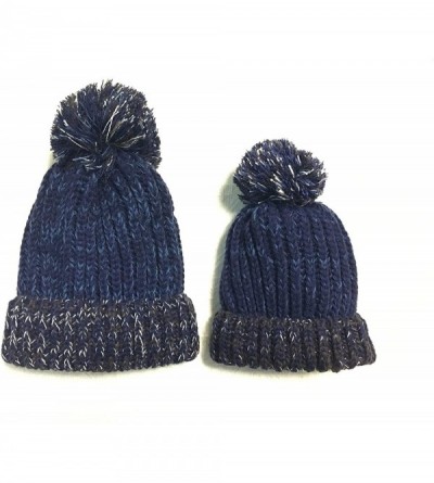 Skullies & Beanies 2PCS Parent-Child Hat Winter Super Warm Soft Knit Hat Mixed Color Beanie Ski Cap with Pom Pom - Navy - CY1...
