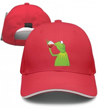 Baseball Caps Kermit The Frog"Sipping Tea" Adjustable Red Strapback Cap - Afunny-green-frog-sipping-tea-16 - C918ID2SYYW $32.34