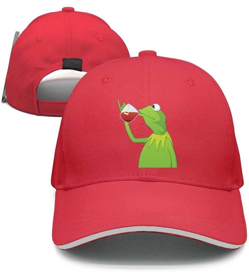 Baseball Caps Kermit The Frog"Sipping Tea" Adjustable Red Strapback Cap - Afunny-green-frog-sipping-tea-16 - C918ID2SYYW $14.51