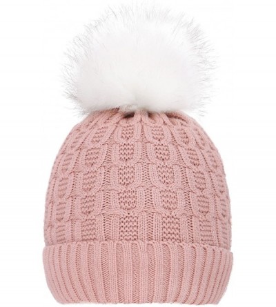 Skullies & Beanies Sherpa Lined Knit Beanie with Faux Fur Pompom - Pink With White Fur Pom - C9182DAAL6E $9.83