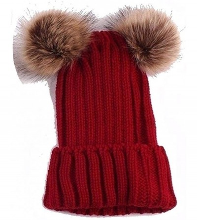 Skullies & Beanies Adults Children Double Fur Winter Casual Warm Cute Knitted Beanie Hats Hats & Caps - Red - C718ADTYZNH $22.56