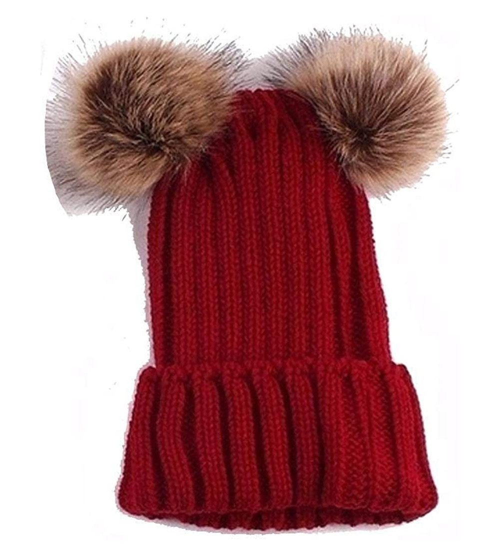 Skullies & Beanies Adults Children Double Fur Winter Casual Warm Cute Knitted Beanie Hats Hats & Caps - Red - C718ADTYZNH $41.82
