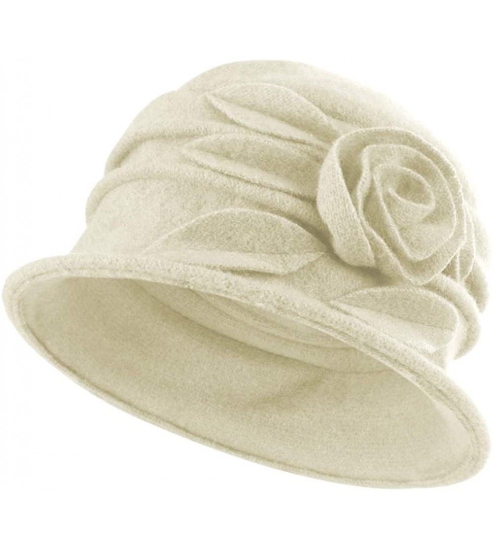 Bucket Hats Women's Wool Felt Floral Decoration Cloche Winter Bucket Hat - Beige - CC193GOLTG7 $17.84
