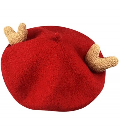 Berets Kids Cute French Beret Hat Winter Cap Causal Beanie Hat with Deer Animal Horn - Red - CB18YG4URKW $24.52