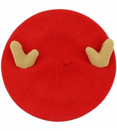 Berets Kids Cute French Beret Hat Winter Cap Causal Beanie Hat with Deer Animal Horn - Red - CB18YG4URKW $9.58