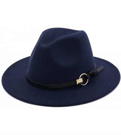 Fedoras Wool Fedora Wide Brim Felt Classic Winter Hats Floppy Trilby Top Jazz Cap - Dark Blue - CY18L2GSC46 $26.07