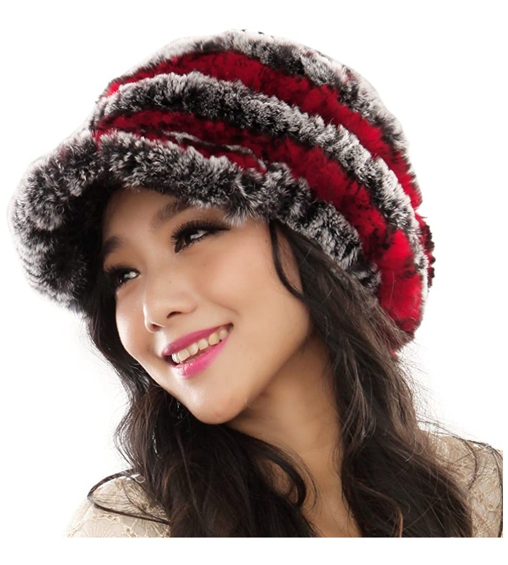 Skullies & Beanies Women's Real Rex Rabbit Fur Peaked Caps Hats Spiral Winter Warmer Ears Hat - Grey & Red - CT11FGXY153 $26.13