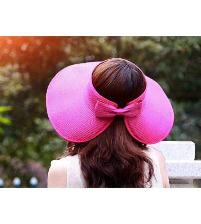 Sun Hats Women's Summer Foldable Straw Sun Visor w/Cute Bowtie UPF 50+ Packable Wide Brim Roll-Up Visor Beach Hat - Black - C...
