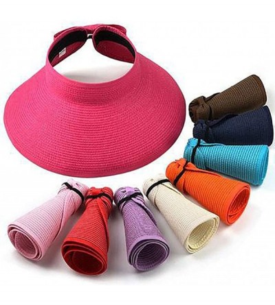 Sun Hats Women's Summer Foldable Straw Sun Visor w/Cute Bowtie UPF 50+ Packable Wide Brim Roll-Up Visor Beach Hat - Black - C...