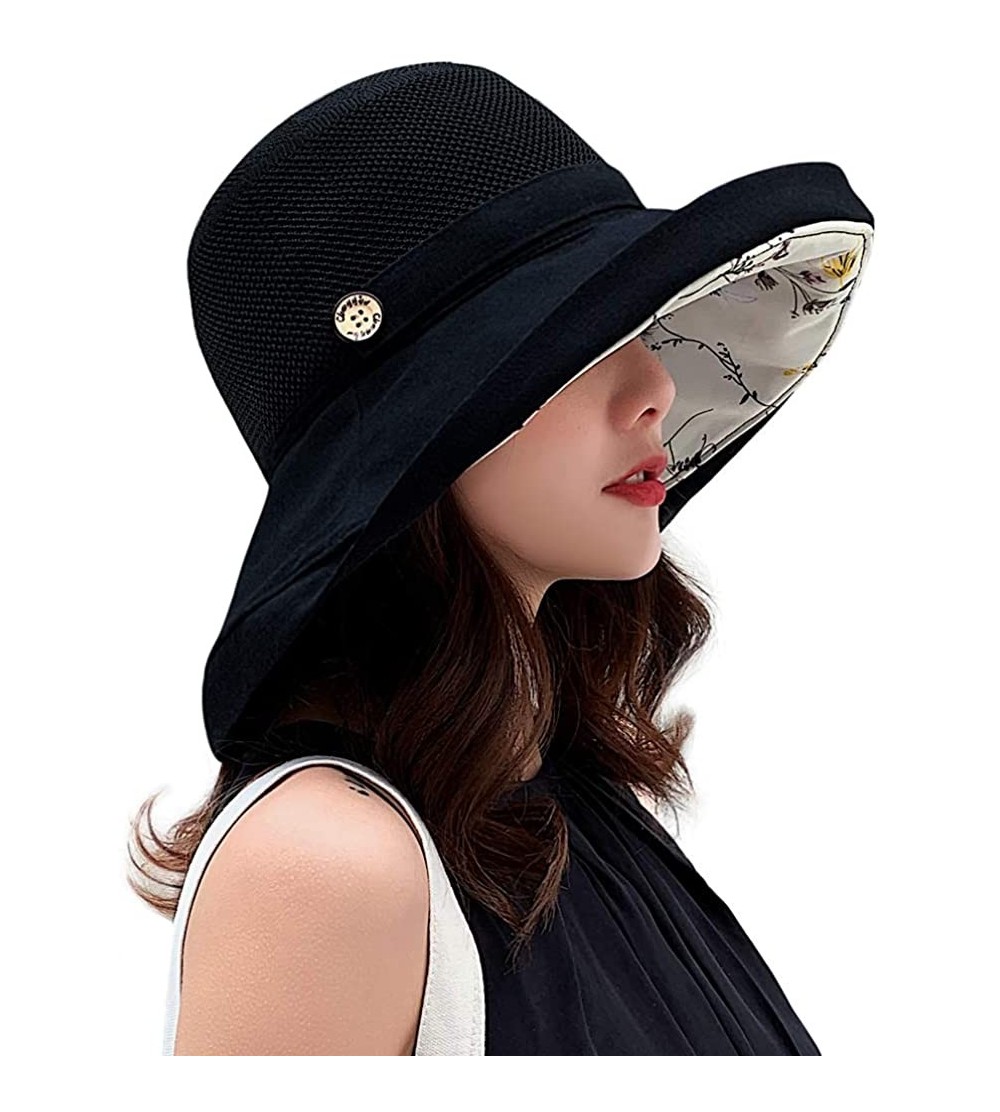 Sun Hats Women Mesh Sun Hats Summer Beach UV Protection UPF Packable Wide Brim Chin Strap - Black - C718RXUADXD $13.47