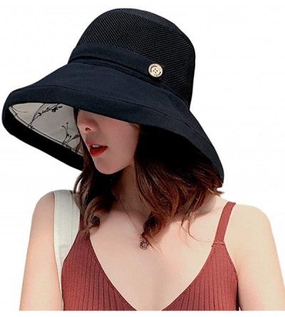 Sun Hats Women Mesh Sun Hats Summer Beach UV Protection UPF Packable Wide Brim Chin Strap - Black - C718RXUADXD $13.47