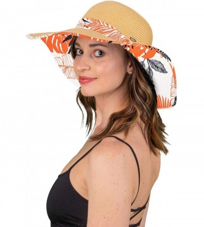 Sun Hats Womens Fabric Patterned Print Brim Adjustable Beach Floppy Sun Hat - Tropical - Orange - CZ18QCYQNR7 $32.34