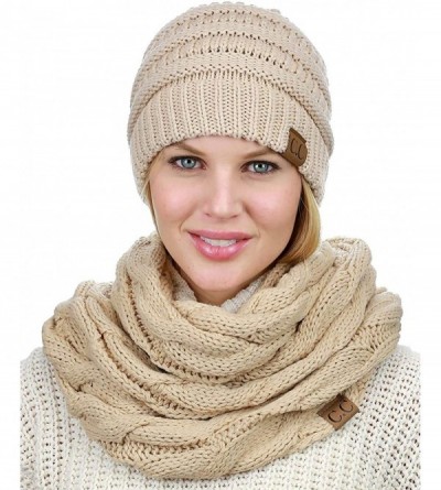 Skullies & Beanies Unisex Soft Stretch Chunky Cable Knit Beanie and Infinity Loop Scarf Set - Dark Beige - CO18KIUYSMS $22.99