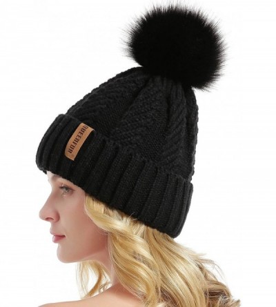 Skullies & Beanies Women Winter Knit Cable Hat Chunky Snow Cuff Cap with Faux Fur Pom Pom Beanie Hats - 02- Black - CB18UNLAZ...