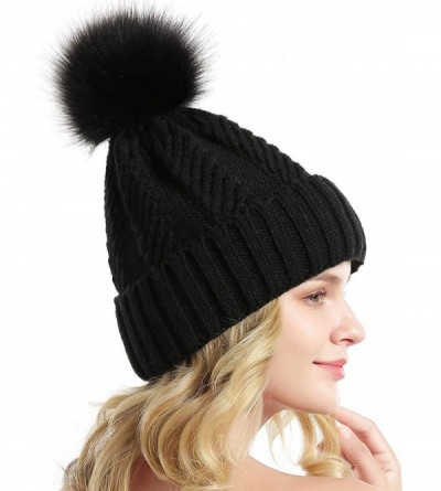 Skullies & Beanies Women Winter Knit Cable Hat Chunky Snow Cuff Cap with Faux Fur Pom Pom Beanie Hats - 02- Black - CB18UNLAZ...