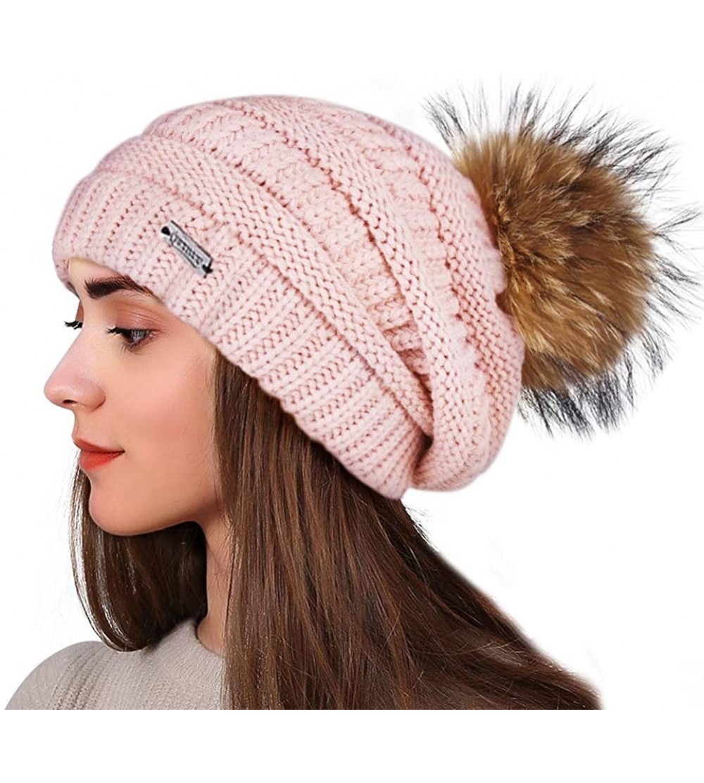 Skullies & Beanies Winter Real Fur Pom Beanie Hat Warm Oversized Chunky Cable Knit Slouch Beanie Hats for Women - CG18H38NWMC...