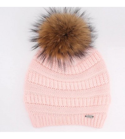 Skullies & Beanies Winter Real Fur Pom Beanie Hat Warm Oversized Chunky Cable Knit Slouch Beanie Hats for Women - CG18H38NWMC...