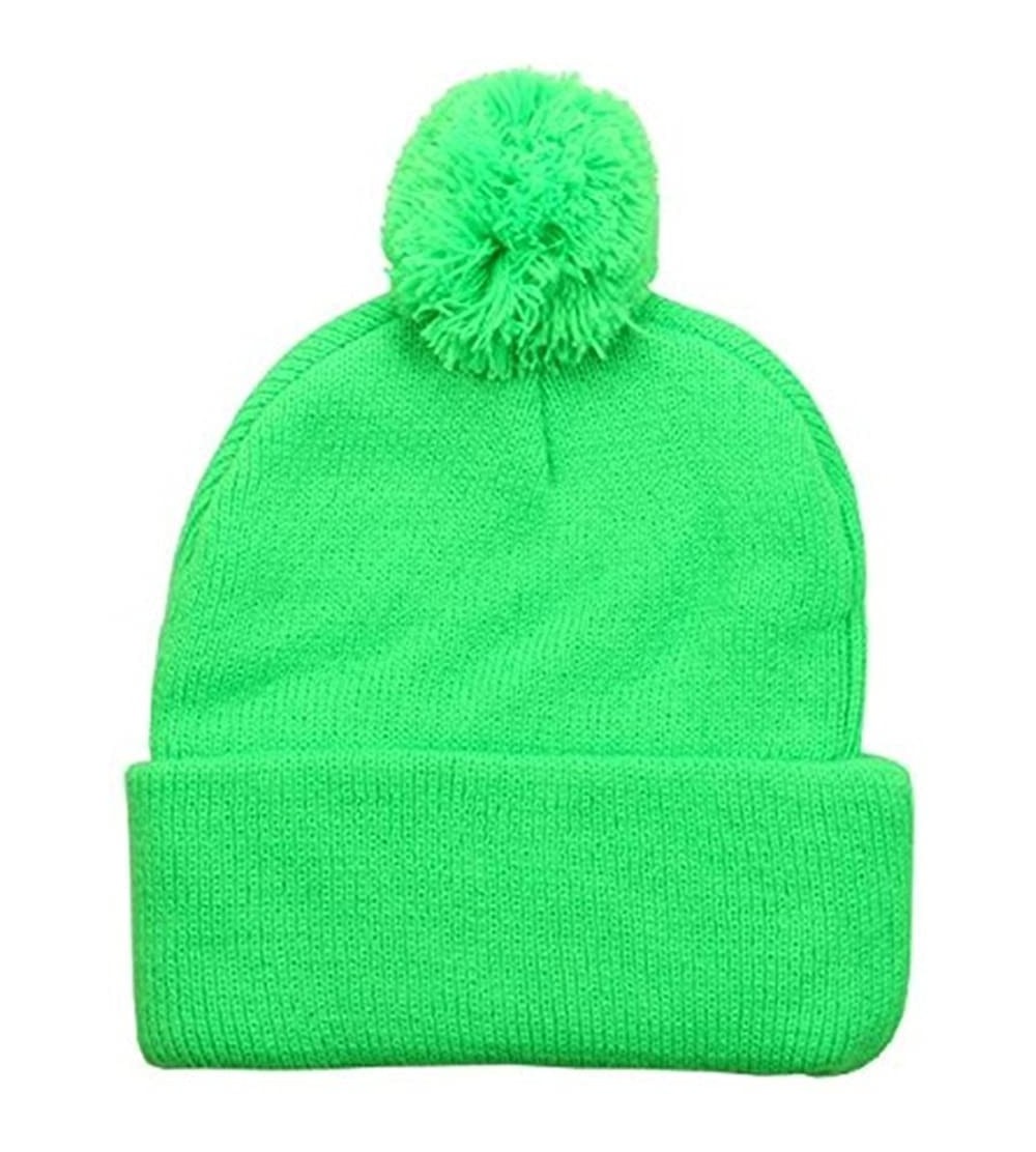 Baseball Caps Solid Plain Unisex Winter Cuff Pom Knit Beanie - Neon Green - C1188NNAQLZ $13.02