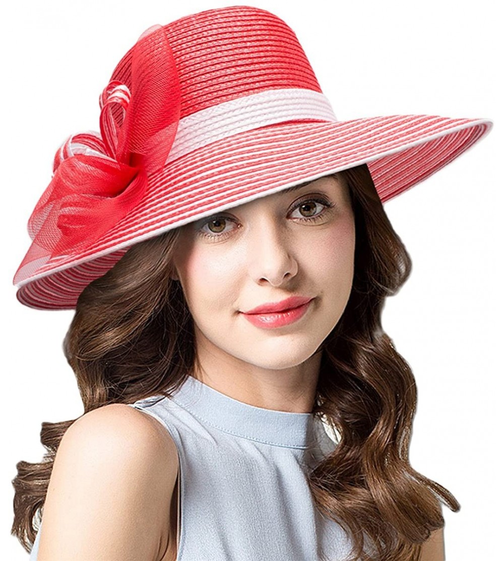 Sun Hats Womens Kentucky Derby Church Wedding Tea Party Wide Brim Hat A490 - Red - CB18D3W9994 $18.83