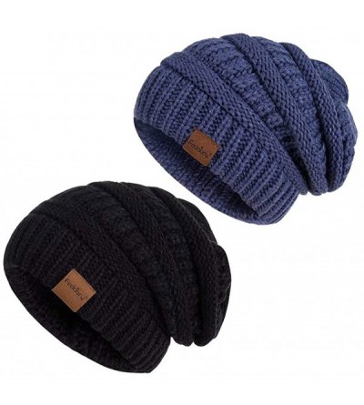 Skullies & Beanies Slouchy Beanie Hat for Women- Winter Warm Knit Oversized Chunky Thick Soft Ski Cap - Black+denim - CG18X7T...