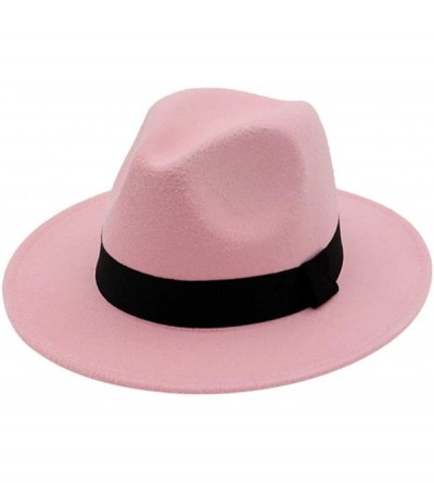Fedoras Mens Fedora Hat Faux Felt Wide Brim Belt Buckle Cowboy Hat - C Pink - CG1933YL36S $20.30