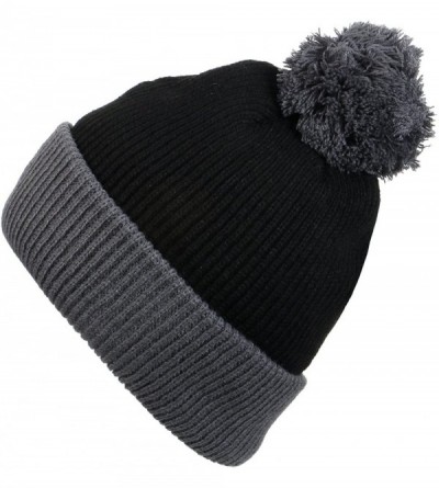 Skullies & Beanies The Two Tone Thick Knitted Cuffed Winter Pom Beanie - Black/Dark Grey - CT11SFY8EJT $7.53