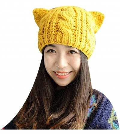 Skullies & Beanies Women's Winter Woolen Crochet Knitted Hat Lovely Cat Ear Cap Beanie Hat - Yellow - CB188YW3NYZ $18.38