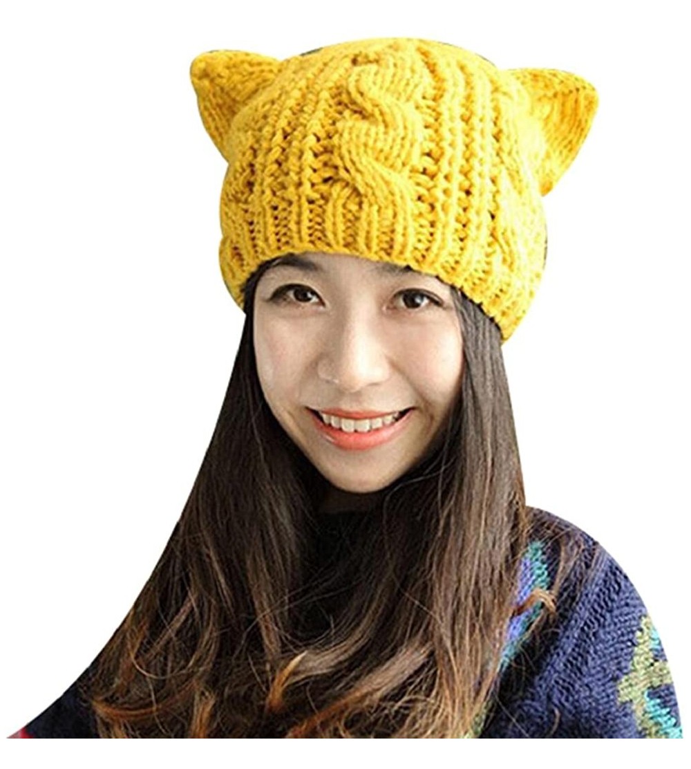 Skullies & Beanies Women's Winter Woolen Crochet Knitted Hat Lovely Cat Ear Cap Beanie Hat - Yellow - CB188YW3NYZ $11.18