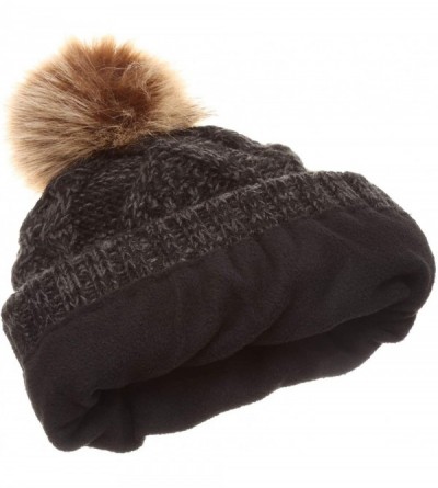 Skullies & Beanies Women's Winter Fleece Lined Cable Knitted Pom Pom Beanie Hat with Hair Tie. - Multi Black - CG18LXGMME7 $1...