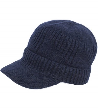 Skullies & Beanies Men's Wool Blend Visor Beanie Cap- Velour Fleece Lined - Ribbed - Navy Blue - CU186OSQ883 $22.18