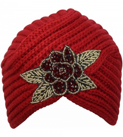 Skullies & Beanies Winter Knit Turban Beanie with Beaded Flower - Red - C9110Q0JWSR $36.57