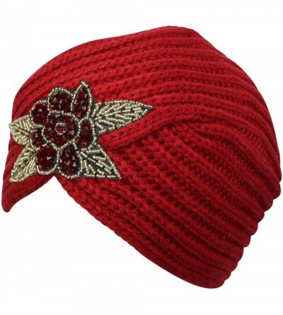 Skullies & Beanies Winter Knit Turban Beanie with Beaded Flower - Red - C9110Q0JWSR $17.57
