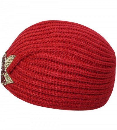 Skullies & Beanies Winter Knit Turban Beanie with Beaded Flower - Red - C9110Q0JWSR $17.57