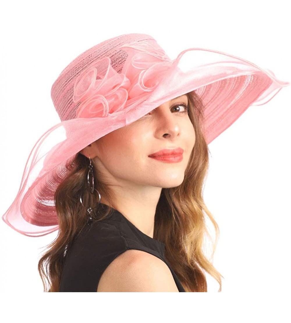 Sun Hats Women Organza Kentucky Derby Church Dress Cloche Hat Fascinator Floral Tea Party Wedding Bucket Hat S053 - Pink - CZ...