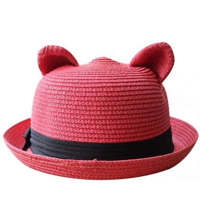 Sun Hats Women's Cute Cat Ear Round Top Bowler Straw Sun UV Summer Beach Roll-up Hat Cap - Watermellon Red - CE12FK8AZN9 $10.32