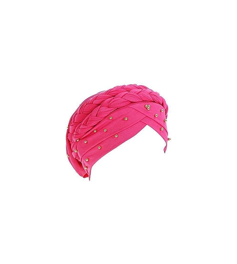 Skullies & Beanies Stay Beautiful Studded Chemo Hair Loss Cap Cancer Head Wrap Turban with Braided Lace for Women - Pink - CW...