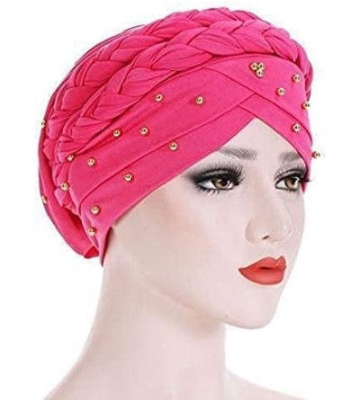 Skullies & Beanies Stay Beautiful Studded Chemo Hair Loss Cap Cancer Head Wrap Turban with Braided Lace for Women - Pink - CW...
